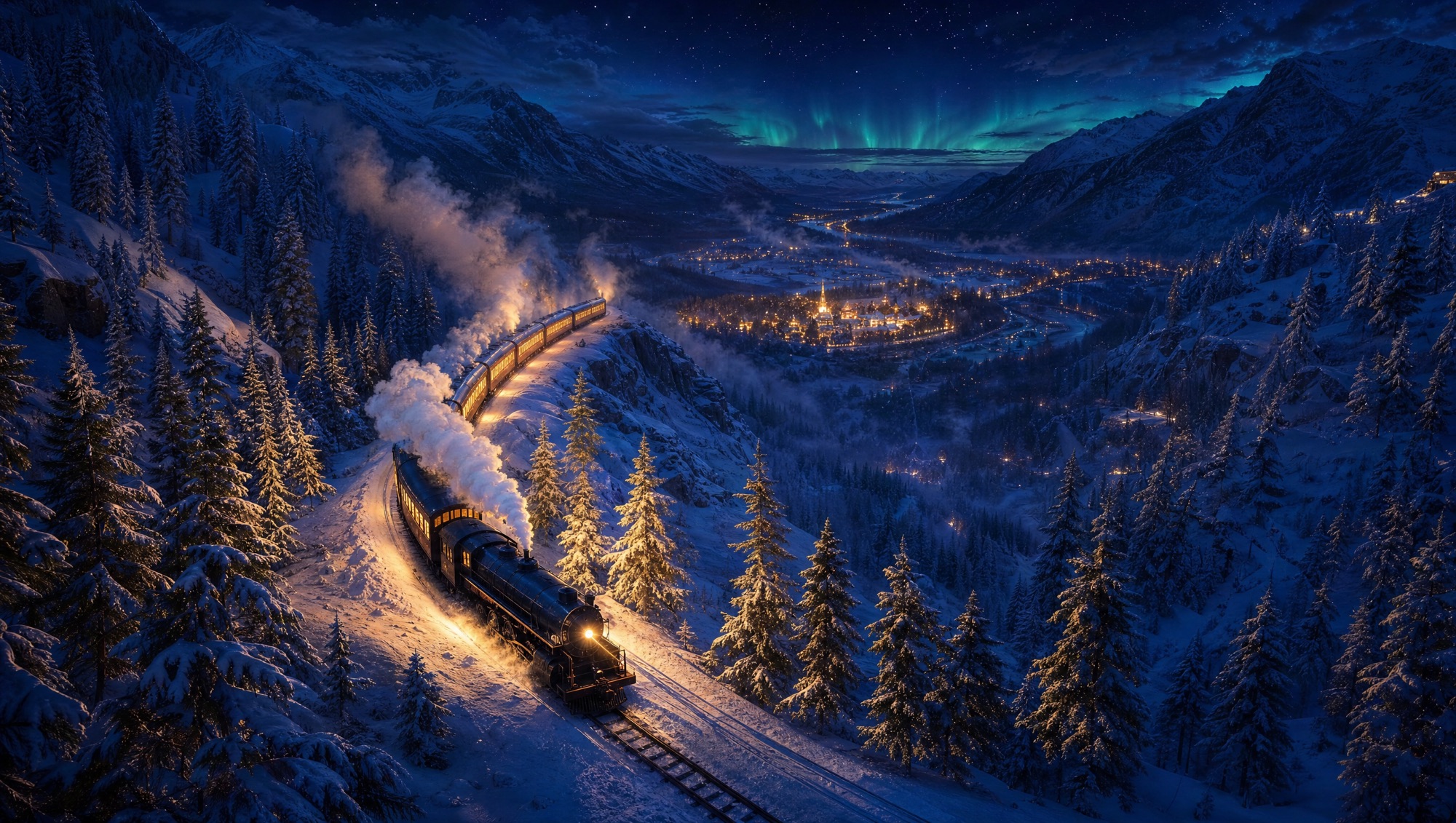 Aerial Polar Express style scene of a steam train winding through snowy evergreen mountains at twilight