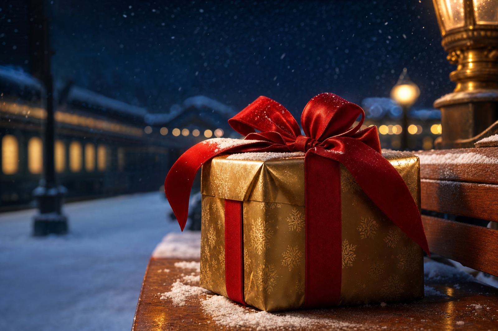 Premium gift wrapped in deep crimson satin ribbon and gold foil, dusted in snow under warm lantern light