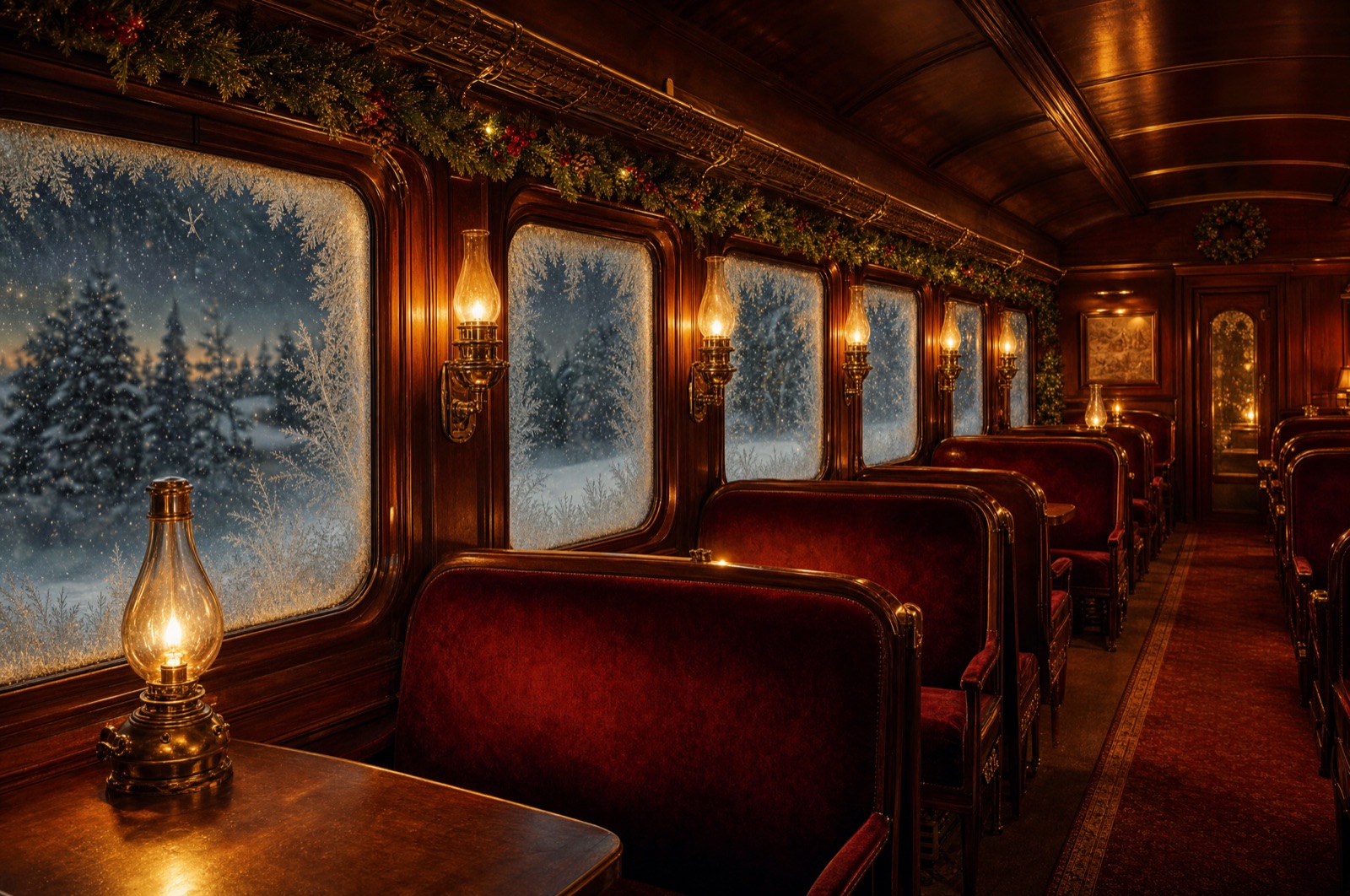 Warm lantern-lit interior of a vintage Christmas passenger train car